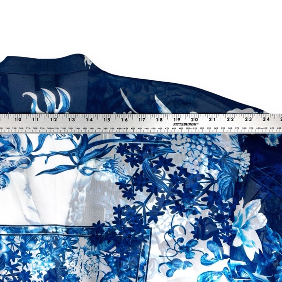 Chicos Travelers L/XL Blue Patchwork Fringe Duster Open Kimono Swim Cover Floral - Picture 9 of 11